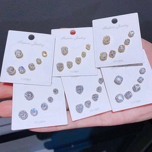 3 Pairs CZ Stud Earrings Set Gold/Silver Crystal Jewelry