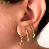 925 Silver Star/Moon Pendant Earrings, 18K Hoops