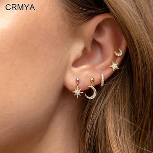 Gold-Plated CZ Zircon Moon Star Earrings Set