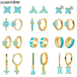 925 Silver Summer Turquoise Small Hoop Earrings 24K Jewelry Ear Accessories
