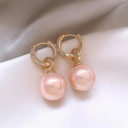 Korean 14K Plated Zircon Pink Pearl Pendant Earrings