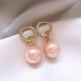 Korean 14K Plated Zircon Pink Pearl Pendant Earrings