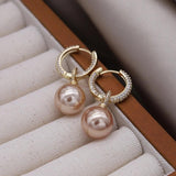 Korean 14K Plated Zircon Pink Pearl Pendant Earrings
