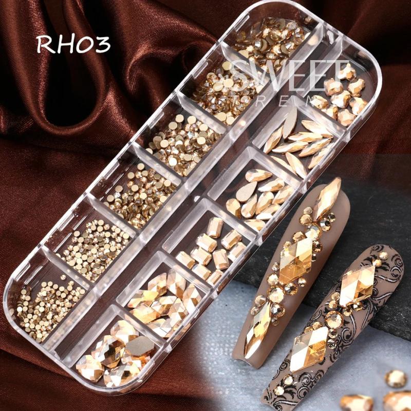 12Grids Champagne Nail Art Rhinestones AB/Pink Flatback Crystal Diamond Gems 3D