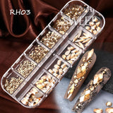 12Grids Champagne Nail Art Rhinestones AB/Pink Flatback Crystal Diamond Gems 3D