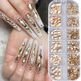12Grids Champagne Nail Art Rhinestones AB/Pink Flatback Crystal Diamond Gems 3D