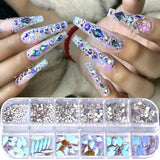 12Grids Champagne Nail Art Rhinestones AB/Pink Flatback Crystal Diamond Gems 3D