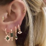 Rose Green Red CZ Rectangle Paper Clip Huggie Earring