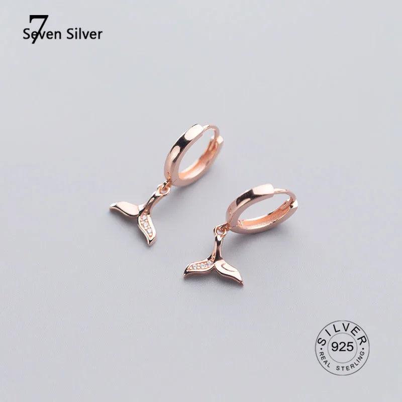 Sterling Silver Mermaid Tail Hoop Earrings Cubic Zircon Rose Ear Jewelry