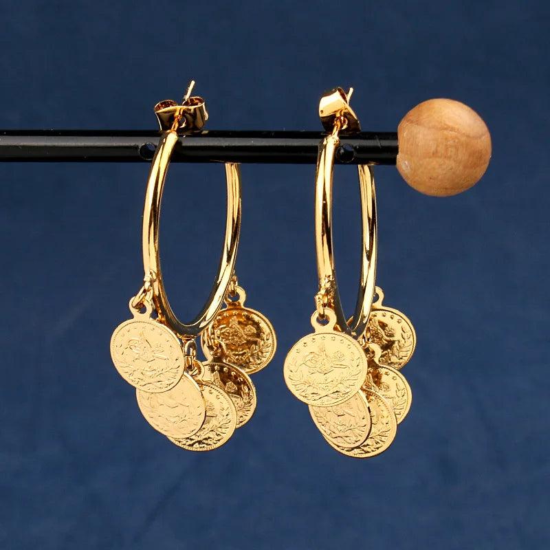 Coin Hoop Earring Plated Drop Earrings Arabic Ethnic Bridal Jewelry Bijoux