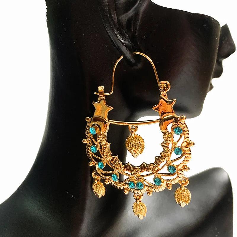 Arab Muslim Wedding Jewelry Plated Pendant Earrings Crystal Moon Shape