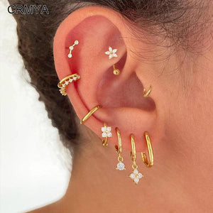 Plated Hoop Clip Stud Dangle Earrings CZ Zircon Piercing Set
