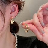 Minar Hoop Earrings for Women Letter Circle Geometric Alloy Beads C Shaped