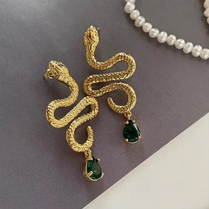 925 Silver Snake Earrings Green Glass Teardrop Women Gift