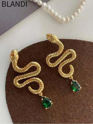 925 Silver Snake Earrings Green Glass Teardrop Women Gift