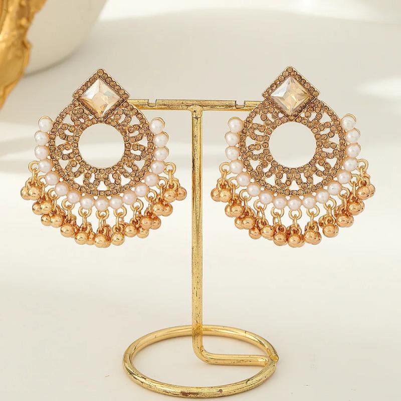 Vintage Crystal Pearl Tassel Earrings Round Flower Pendant Ethnic Jhumka