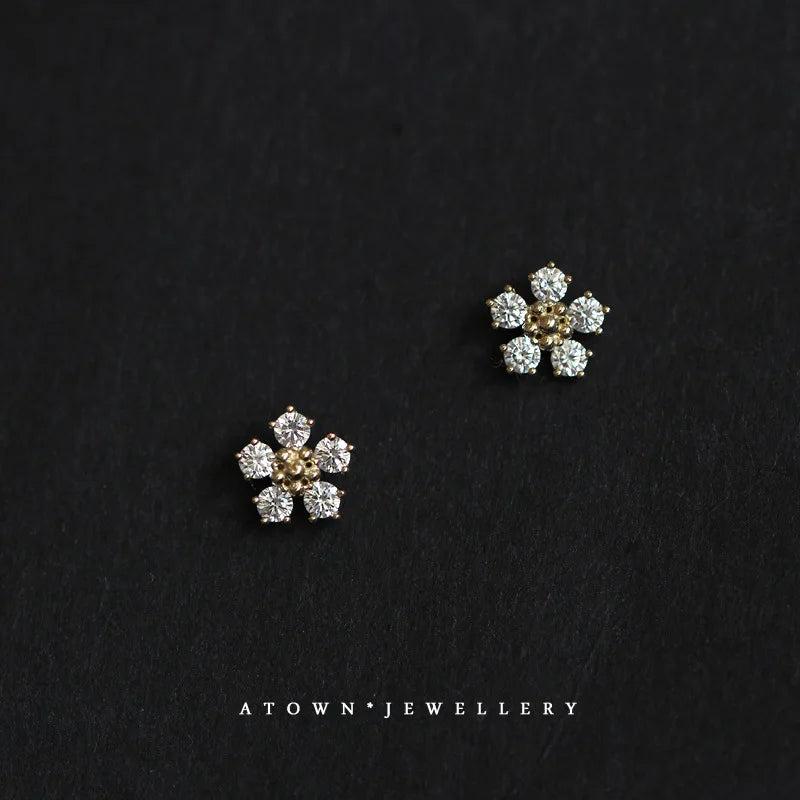 925 Silver Flower Stud Earrings 14k 5 Zircon Women Jewelry