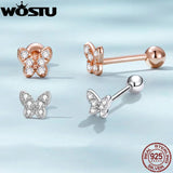 925 Silver Butterfly Stud Earrings Clear CZ Rose Mini Ear Studs