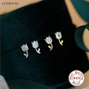 925 Silver Tulip Flower Stud Earrings 18k Plated High-end Mini Earrings