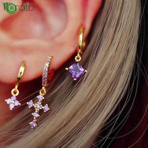 Purple Crystal Star Hoop Earrings 925 Silver