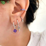 Purple Crystal Star Hoop Earrings 925 Silver
