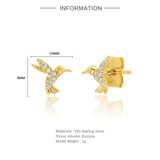 925 Silver CZ Bird Stud Earrings 18K Plated Vintage Jewelry