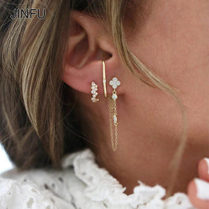 Plated Hoop Stud Earrings CZ Zircon Piercing Initial Chain Earrings Jewelry