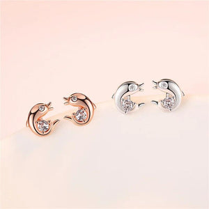 925 Sliver Rose Fish/Dolphin Earrings Zircon/Crystal
