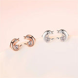 925 Sliver Rose Fish/Dolphin Earrings Zircon/Crystal