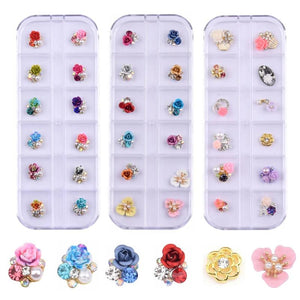 3D Nail Flowers Charms Silver Rose Rhinestones DIY Craft Decor