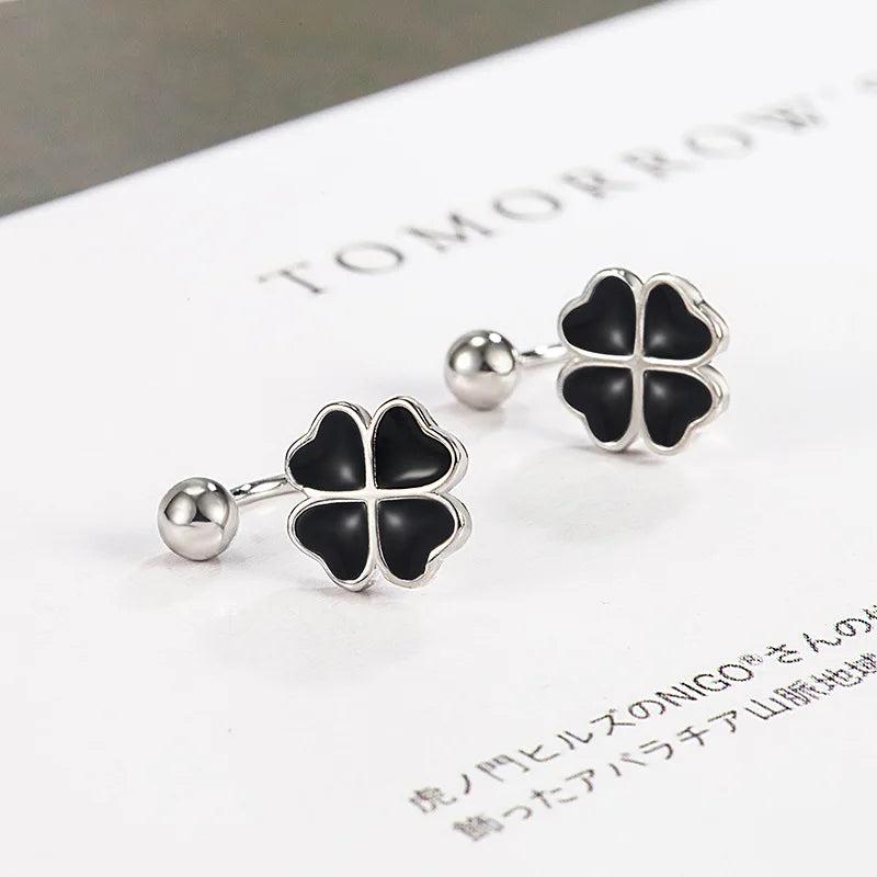 925 Silver Rose Earrings Four-leaf Clover Stud Women Jewelry