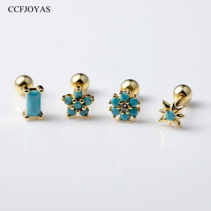 925 Silver Turquoise Stud Earrings Screw Piercing Fine Jewelry