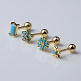 925 Silver Turquoise Stud Earrings Screw Piercing Fine Jewelry