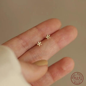 925 Silver Plated 14k Mini Glossy Flower Stud Earrings for Women