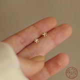 925 Silver Plated 14k Mini Glossy Flower Stud Earrings for Women