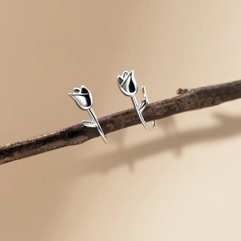 925 Silver Tulip Flower Stud Earrings Sweet Romantic Jewelry