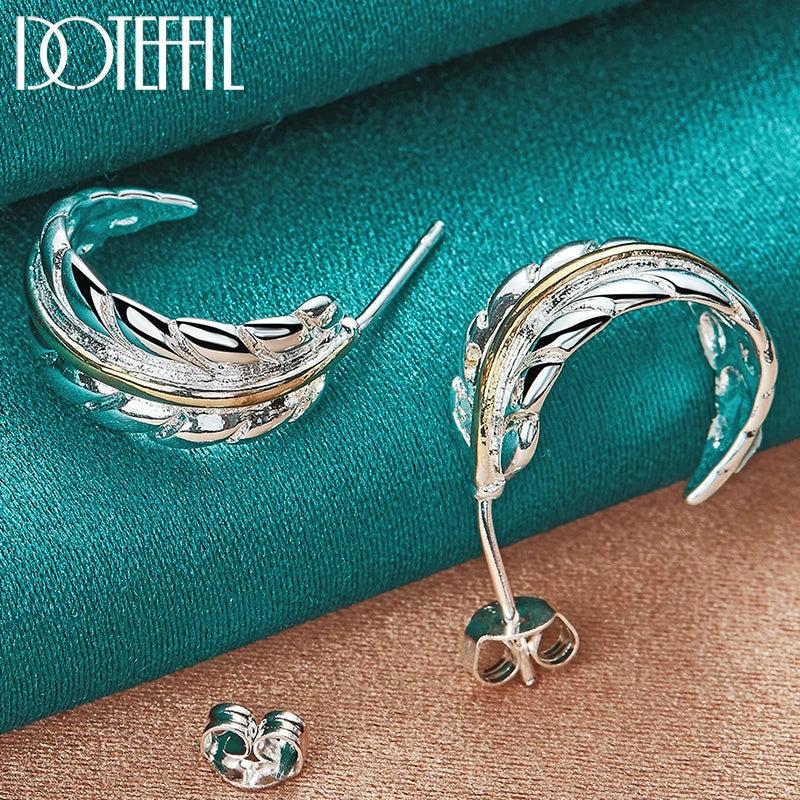 925 Silver Feather Stud Earrings Wedding Engagement Party Charm Jewelry