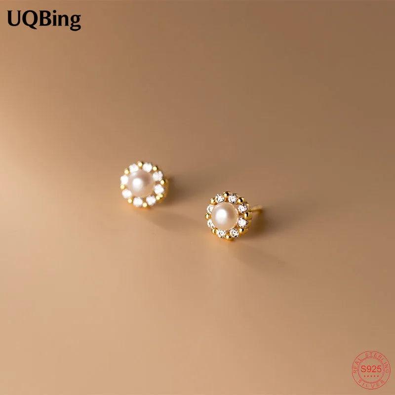 925 Silver 18K Plated Pearl Zircon Stud Earrings