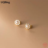 925 Silver 18K Plated Pearl Zircon Stud Earrings