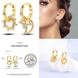 925 Silver Moon Star Sun Pave Love Hoop Earrings