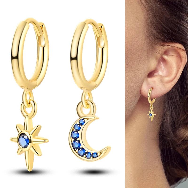 925 Silver Women Hoop Earrings with Colored Zircon Moon Star