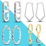 925 Silver Women Hoop Earrings with Colored Zircon Moon Star
