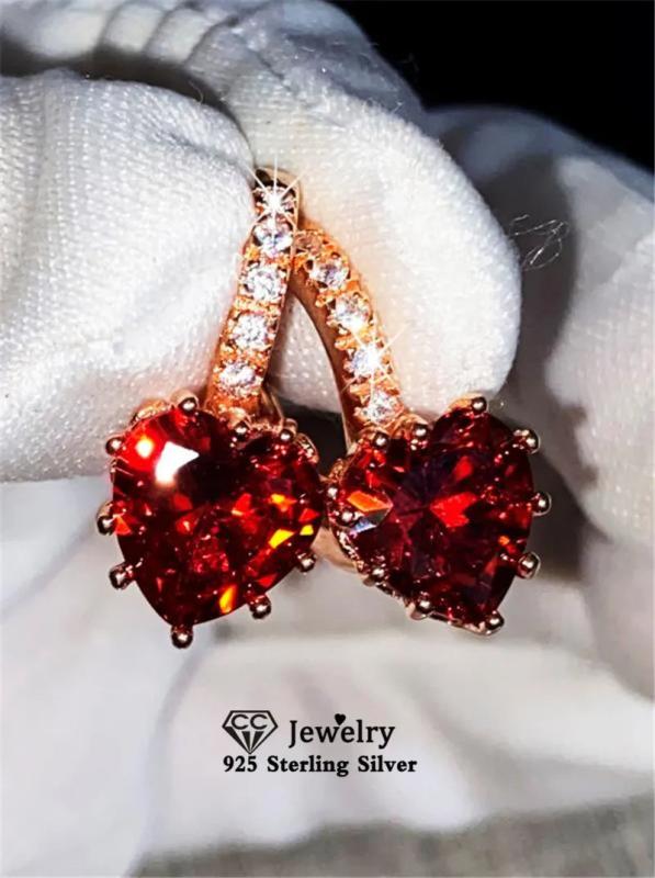 Red Heart Cubic Zircon Hoop Earrings Rose Plated Engagement Bijoux E014