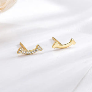 925 Silver Asymmetrical Smile Stud Earrings 18K Plated Women Solid Jewelry