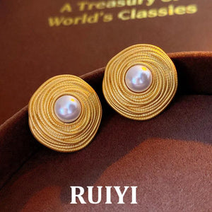Vintage Round Pearl Stud Earrings 925 Silver Needles