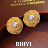 Vintage Round Pearl Stud Earrings 925 Silver Needles