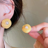 Vintage Round Pearl Stud Earrings 925 Silver Needles