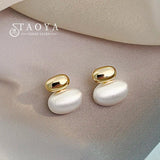 Silver Oval Beans Metal Brushed Pendant Earrings