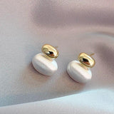 Silver Oval Beans Metal Brushed Pendant Earrings