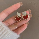 Burgundy Enamel Heart Earrings Metal Love Dangle Vintage Jewelry